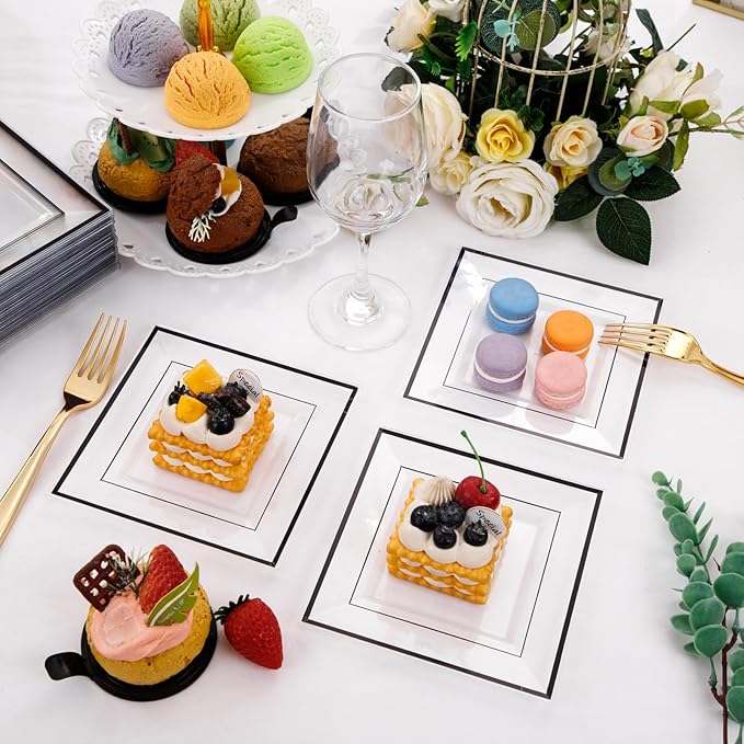 bUCLA 100PCS Black Square Plastic Plates Disposable - 6 inch Clear and Black Dessert/Cake Plates - Premium Hard Square Small Appetizer for Party, Halloween & New Year