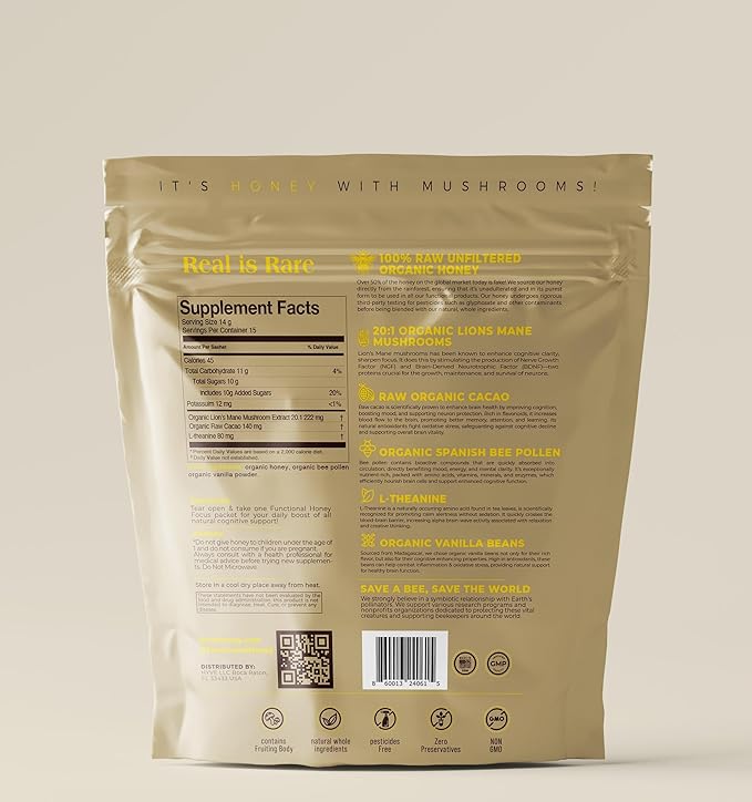 HYVE Mind Functional Honey – Focus & Memory Organic Honey with Lion's Mane Mushrooms, Raw Cacao, Bee Pollen & L-Theanine – Cognitive Support, 15 Packets