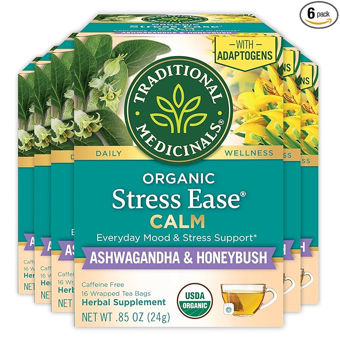 Traditional Medicinals Organic, Stress Ease Calm with Adaptogens, Ashwagandha & Honeybush - Promotes Relaxation - Kosher, Non-GMO, Caffeine-Free, Compostable - 96 Tea Bags (6 Packs of 16)