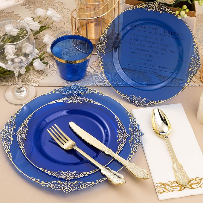 175PCS Clear Blue Plastic Plates for 25 Guests, Disposable Plates with Gold Trim include 25 Dinner and Dessert Plates, 75 Gold Silverware, 25 Cups, 25 Napkins for Party, Wedding & Graduation