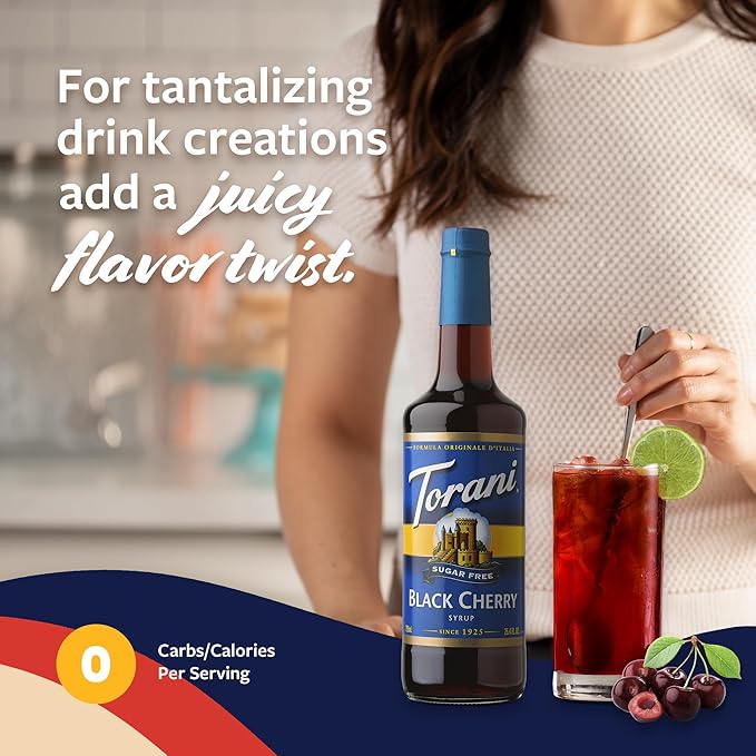 Torani Sugar Free Syrup, Black Cherry Flavored Syrup for Drinks, Zero Calorie, Glass Bottle with Pump Included, 25.4 Fl Oz