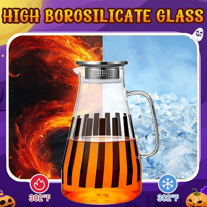 Domensi 74 oz / 2200 ml Glass Pitcher with Lid Water Pitcher with Handles Beverage Water Jar Glass Jug Hot and Cold Resistant Carafe for Tea Juice Milk Coffee Iced Beverage(Black Stripe)