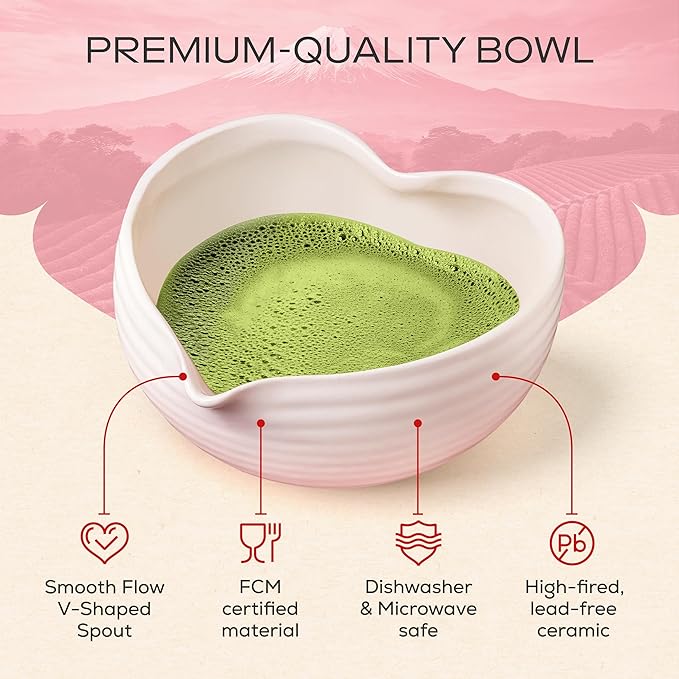 Rehny’s Matcha Whisk Set | Complete Matcha Set w/Heart-Shaped Bowl, Bamboo Whisk, Holder, Stainless Steel Sifter, Bamboo Scoop | Christmas Gift Present Macha Kit Handmade Bowl | Macha Powder Tea Kit
