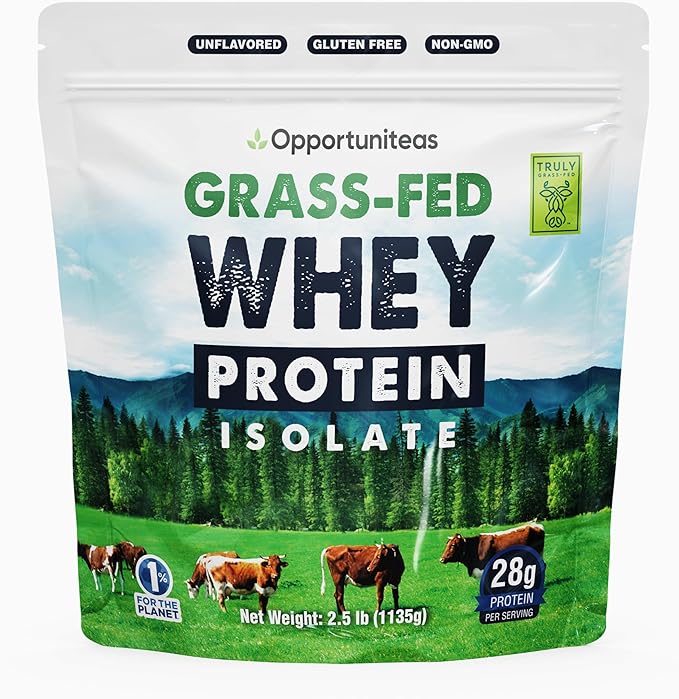 Opportuniteas Grass Fed Whey Isolate Protein Powder – Unflavored, Heavy-Metal Tested, 28g Protein, Sourced from Ireland, Hormone-Free, Non-GMO, Packaged in USA – 2.5lb