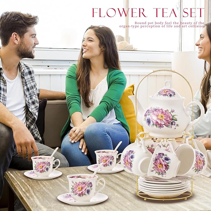 20-Pieces Tea Set For Adult with Golden Metal Rack,Porcelain Tea Sets For Women,Tea Gift Sets for Home&Party(K018)