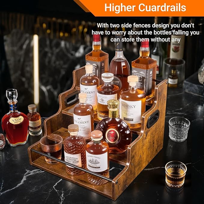 4-Tier Liquor Bottle Display Shelf, Coffee Syrup Rack Organizer, Water Bottle Organizer, Mini Bar Cabinet, Rustic Bar Shelves for Liquor Whiskey, Spirits