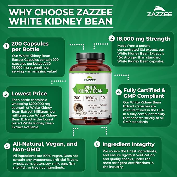 Zazzee White Kidney Bean 10:1 Extract, 1800 mg per Serving, 200 Vegan Capsules, Over 2 Month Supply, Standardized, Concentrated 10X Extract, 100% Vegetarian, All-Natural and Non-GMO, Made in The USA