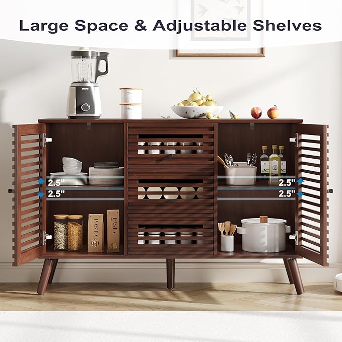 Buffet Cabinet with Slatted Doors, 47" W Sideboard Buffet with Drawers, Modern Mid Century Accent Storage Cabinet for Living Room, Entryway, Kitchen, Walnut
