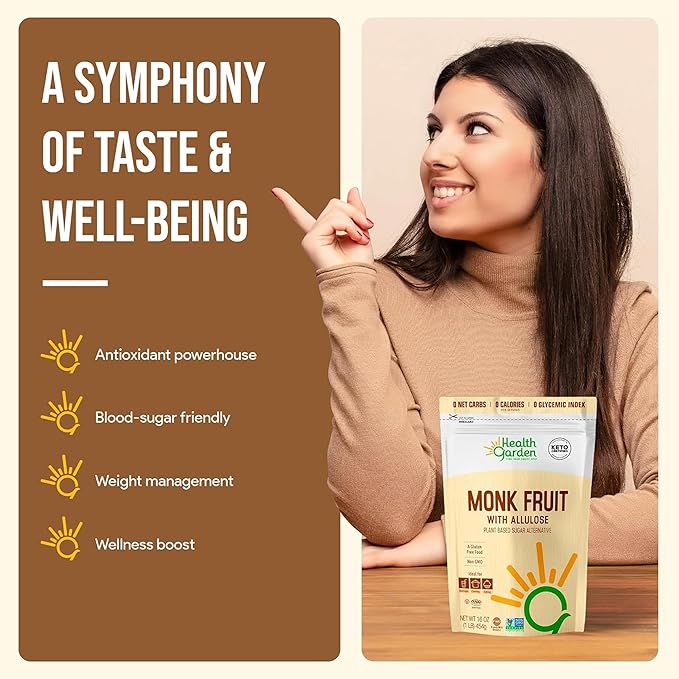 Health Garden Monk Fruit with Allulose Sweetener - Natural Plant-Based Sugar Alternative with Zero Calories - Ideal for Keto Diets, Gluten-Free, Vegan, and Non-GMO - 2.5lb