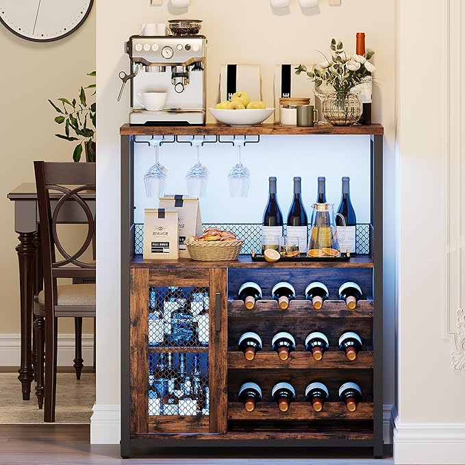 Vintage 3-Tier Wine Bar Cabinet with Adjustable Shelves, Glass Holders, Mesh Door, Small Buffet Sideboard Liquor & Coffee Bar Cabinet for Kitchen, Dining Room, Living Room