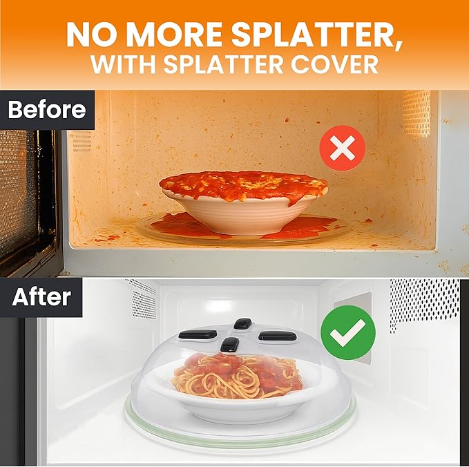 HOVER COVER Magnetic Splatter Cover, 12-Inch Clear BPA-Free Food Lid, Vented Plate Guard with Steam Vents, Anti-Splash Microwave Lid, Dishwasher Safe, Space-Saving Magnetic Storage - Onyx Black