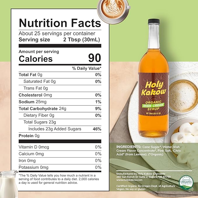 Holy Kakow Organic Irish Cream Syrup - Coffee Syrup, Liquid Sugar Coffee Flavoring Syrup, Cane Sugar Syrup, Liquid Sugar for Iced Coffee, Irish Cream Syrup for Coffee, All-Natural, Non-GMO - 750 ml