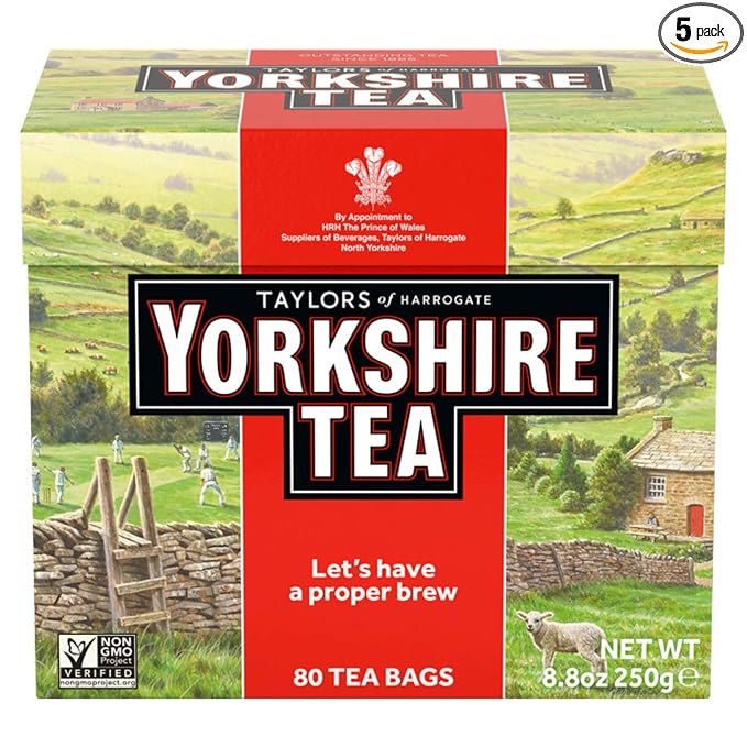 Yorkshire Tea, Red, Black Tea, Pillow Tea Bags, 80 Count (Pack of 5), Refreshing, Satisfying, and Strong, Classic British Breakfast Blend, Caffeinated, Enjoy Hot or Iced, 80 Teabags