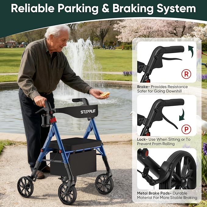 Foldable Aluminum Rollator Walkers with Cushion Seat for Senior, 16lbs Lightweight & 500 lbs Max Load, Adjustable 5-Level Seat Height & 6-Level Handles Height,8" Big Wheels,Dual Braking, Storage Bag