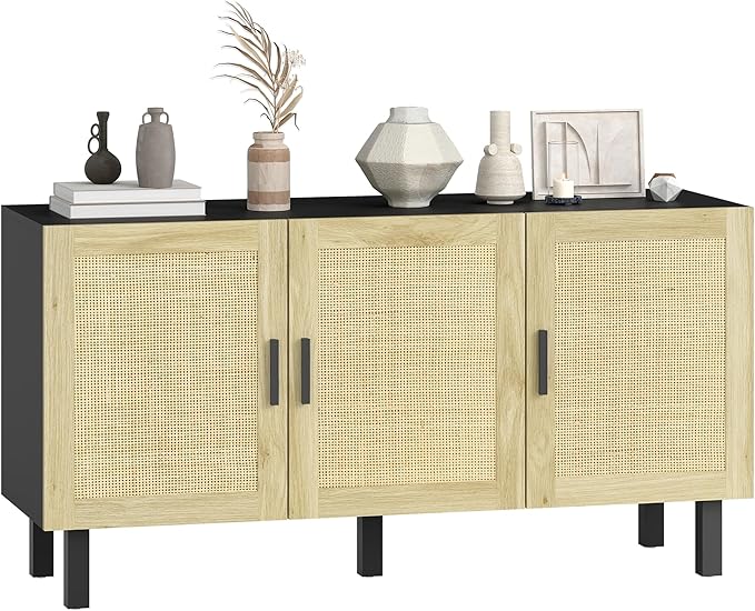 HOMCOM Boho Sideboard Buffet Cabinet, Coffee Bar Cabinet with 3 Rattan Doors and Adjustable Shelves for Kitchen, Living Room, Black and Natural