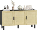 HOMCOM Boho Sideboard Buffet Cabinet, Coffee Bar Cabinet with 3 Rattan Doors and Adjustable Shelves for Kitchen, Living Room, Black and Natural