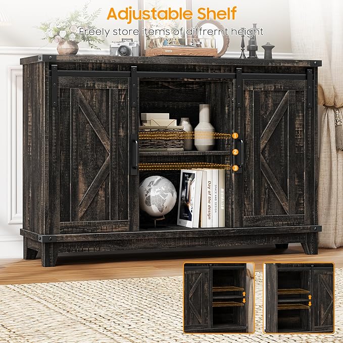 Vabches 6 Cube Storage Organizer, Farmhouse Bookshelf with Sliding Doors & 3 Adjustable Shelves Wooden Coffee Bar Buffet Cabinet 2-Tier Cabinet Rack for Bedroom, Living Room, Office (Dark Brown)