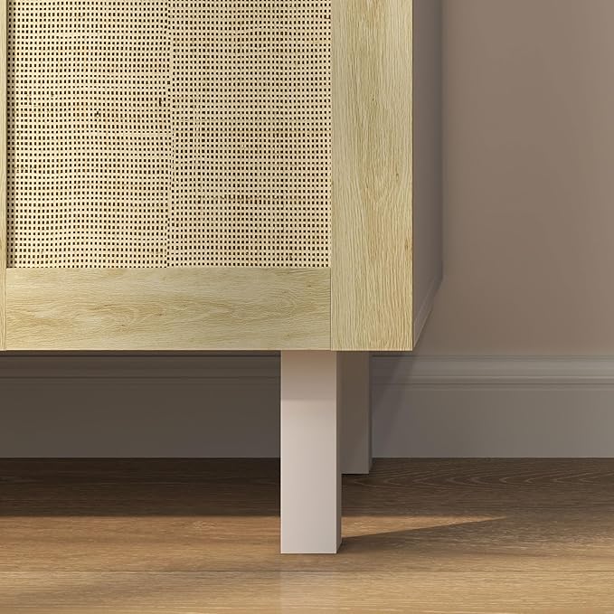 HOMCOM Boho Sideboard Buffet Cabinet, Coffee Bar Cabinet with 4 Rattan Doors and Adjustable Shelves for Kitchen, Living Room, White and Natural