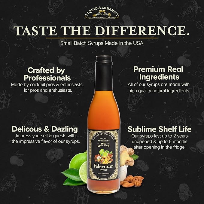 Liquid Alchemist Falernum Syrup for Cocktails - Real Ingredients Make our Falernum Cocktail Syrup a Great Mixer for any Tiki Drink - Our Drink Mixer is Non-GMO Gluten Free & Vegan (12.7 oz)