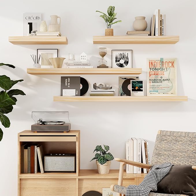 Fun Memories Floating Shelves, 9.3 Inch Deep Solid Pine Wood Wall Shelves for Storage, Wall Mounted Display Shelf with Invisible Heavy-Duty Metal Bracket, 48 Inch Width, Unfinished - DIY Stain