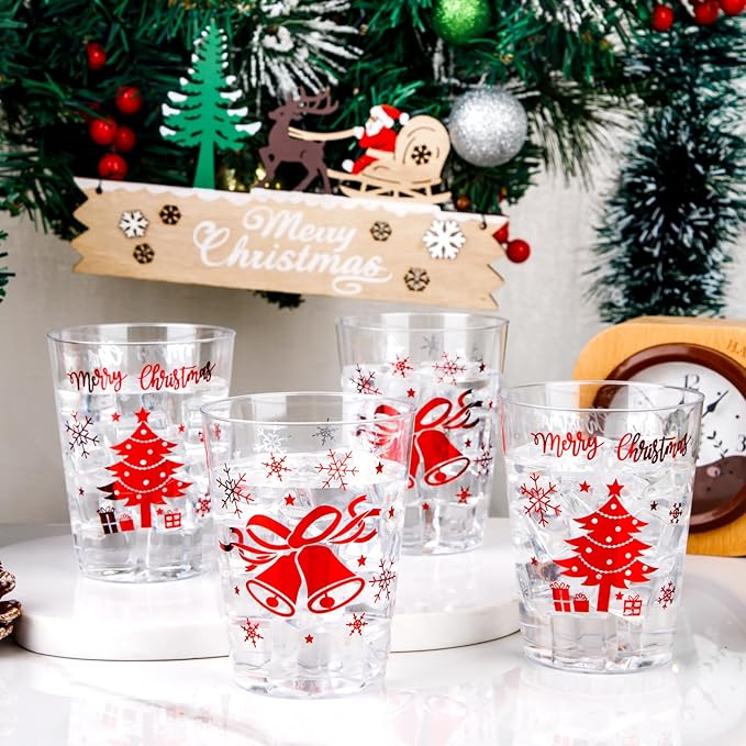 WELLIFE 60Pcs Red Christmas Plastic Cups, 10oz Merry christmas Cups, Red Plastic Tumblers with Christmas Tree and Bells Design, Disposable cups for Daily Use, Holiday Party Supplies