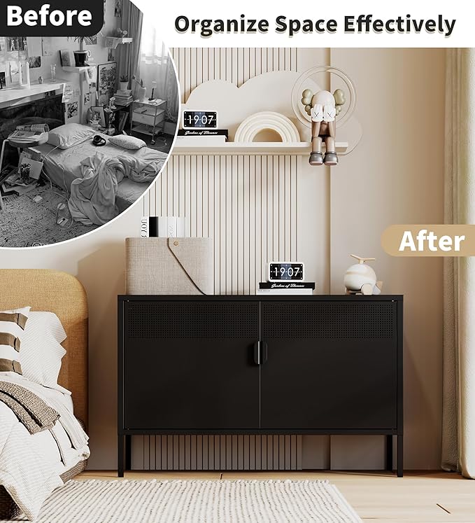 Black Metal Storage Cabinet with 2 Doors - 25''H TV Stand, 2 Tier Locker with Adjustable Shelves, Multipurpose TV Cabinet for Office, Home, Living Room, Kitchen