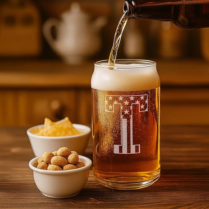 Monogram Beer Glasses for Men (A-Z) 16 oz - Beer Gifts for Men Brother Son Dad Neighbor - Unique Gifts for Him - Personalized Drinking Gift Beer Glass Mugs - Engraved Beer Can Glass (T)