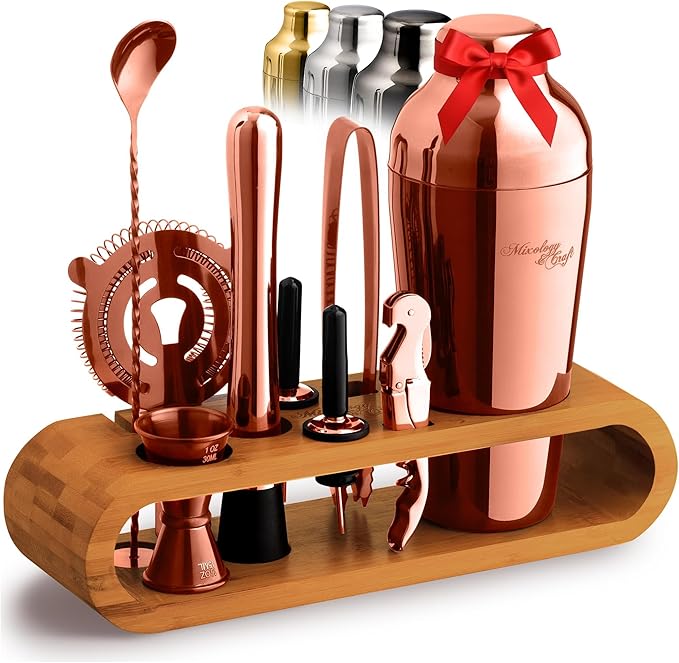 Mixology & Craft Cocktail Shaker Set: 10-Piece Bartender Kit with Stand | Complete at Home Bar Set with Bar Accessories | Great Housewarming Gift | Leak-Proof Design (Copper)