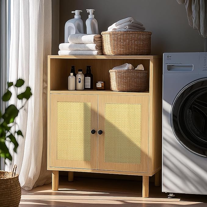 Rattan Small Coffee Bar Cabinet, Kitchen Storage Sideboad,Bathroom Corner Floor Shallow Cabinet with Adjustable Shelves & 2 Doors 11.6'' x 23.2'' x 32'' (Oak)