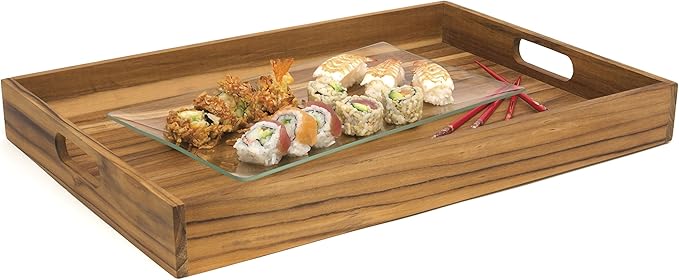Lipper International Teak Wood Large Serving Tray with Cutout Handles, 20-1/2" x 13-3/4" x 2-2/5"