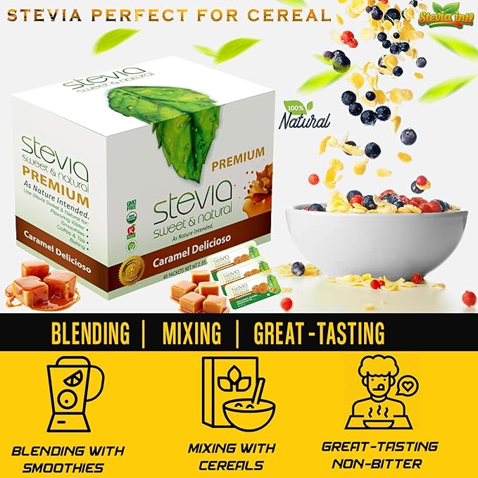 Caramel Delicioso Organic Stevia Powder. All-Natural Sweetener, Sugar Substitute Highly Concentrated & Pure Extract Stevia. 0 Calorie, 0 Carb Diabetic & Keto Friendly (40-Packets) - Packaging May Vary