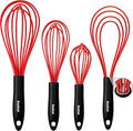 Anaeat Silicone Kitchen Whisk Set of 4, Perfect for Non-Stick Cookware, Milk and Egg Beater Blender for Whisking, Cooking, Baking, Beating - 11'' Flat Whisk and 9''+11''+12'' Balloon Whisks (Red)