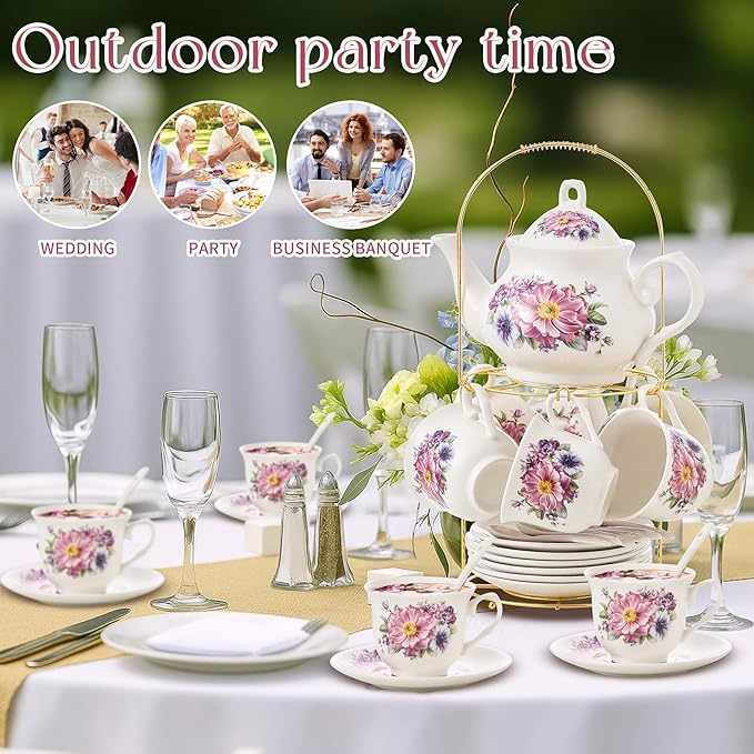 20-Pieces Tea Set For Adult with Golden Metal Rack,Porcelain Tea Sets For Women,Tea Gift Sets for Home&Party(K018)