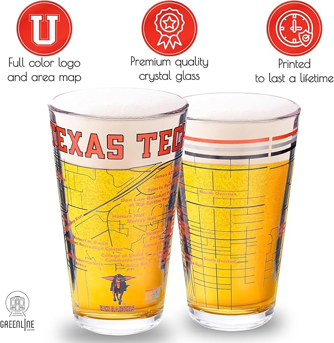 Greenline Goods – Texas Tech University Red Raiders College Pint Beer Glasses (Set of 2), 16 oz – Full-Color Logo + Campus Map