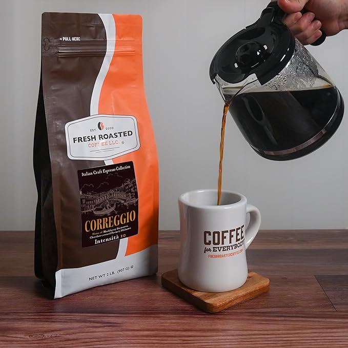 Fresh Roasted Coffee, Correggio Italian Craft Artisan Blend, 5 lb (80 oz), Dark Roast, Kosher, Ground