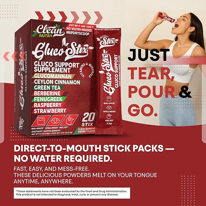 Clean Nutraceuticals Ceylon Cinnamon Powder, Green Tea Extract, Glucomannan, Berberine Supplement, Chromium Picolinate, Apple Cider Vinegar – Rainbow Sherbet Powder Sticks - 20 Count