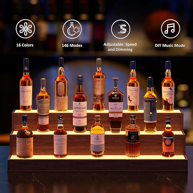Led Lighted Liquor Display Shelf, Bar Display Shelf with App & Remote Control, Freestanding Holding 3 Bottles for Home Bar, Party (Walnut, 37 Inch)