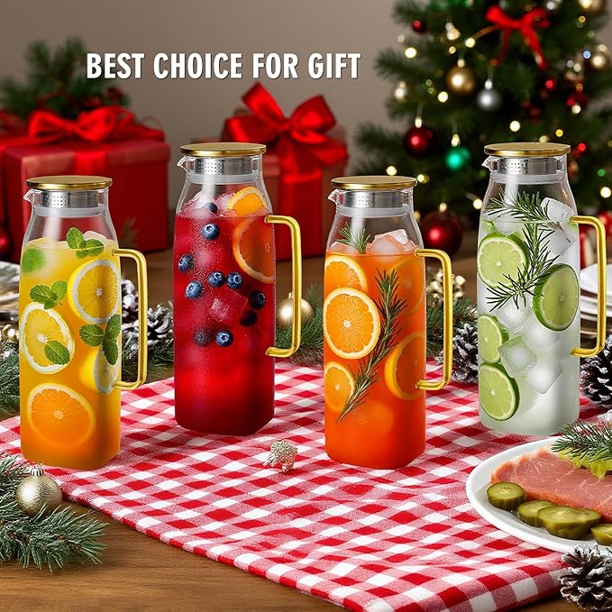 GLASKEY 74oz Square Glass Pitcher with Lid and Handle for Fridge,Borosilicate Glass Carafe for Hot or Cold Drink, Large Jug for Iced Tea,Coffee,Juice,Homemade Beverage (Gold)