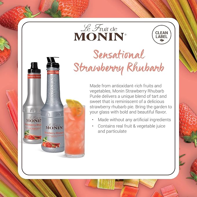 Monin - Strawberry Rhubarb Purée, Tart & Sweet Purée, Made with Real Fruit & Vegetable Juices, Antioxidant-Rich, Fruit Purée for Cocktails, Smoothies, Cooking, Baking, & More, Clean Label (1 Liter)