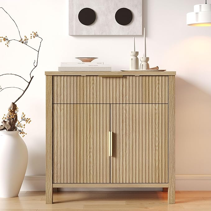 Fluted Buffet Cabinet with Drawers,32'' Sideboard Storage Cupboard Adjustable Shelves for Dinning Room, Kitchen, Living Room,Coffee Bar (32''-Wood)