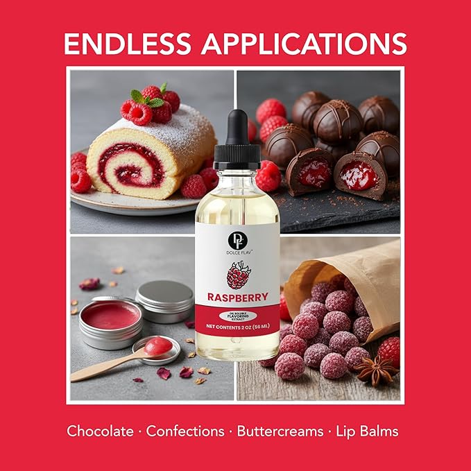 Dolce Flav Raspberry Extract – 2 Ounce Oil-Soluble Kosher, Sugar-Free, Concentrated Raspberry Flavoring for Chocolates, Candies & Baking, Includes Measured Dropper