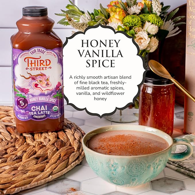 Third Street Inc. Organic Honey Vanilla Spice Chai Concentrated 6-Pack, 32 Fl. Oz., Chai Tea Latte Concentrate, Sweet and Smooth Tea Blend, Beverage Concentrate 1:1, Gluten Free, Kosher, Non-GMO