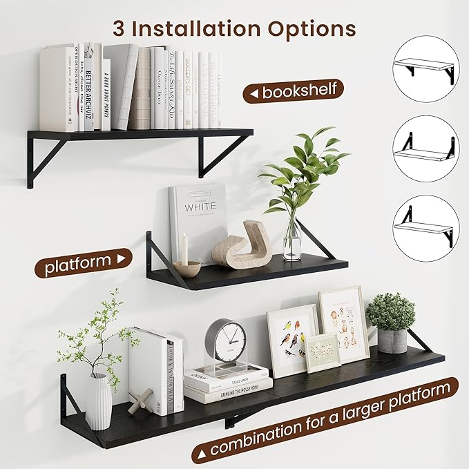 Axeman Black Floating Shelves for Wall - 24 Inch Wide x 10 Inch Deep Floating Shelves Set of 2 -Black Wide Wall Shelves for Living Room Bathroom Bedroom