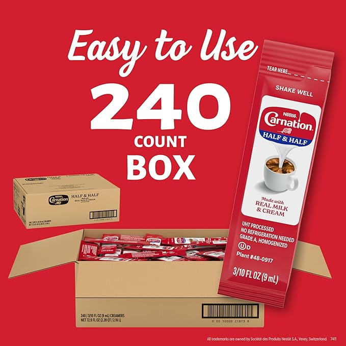 Nestle Carnation Coffee Creamer Half and Half, Made with Real Dairy, 0.304 fl oz Liquid Stick Pack (Box of 240)
