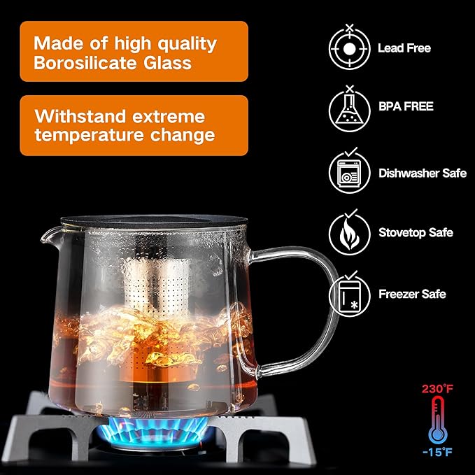 Glass Teapot 34oz/1000ml with 4 Pack Tea Cups Gift Set, Removable Stainless Steel Infuser Tea pot, Heatproof Borosilicate Glass Tea Make, Stovetop Safe Glass Tea Kettle for Loose