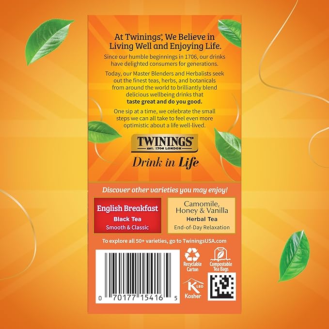 Twinings Ceylon Pure Black Tea Individually Wrapped Bags, 20 Count (Pack of 2), formerly Ceylon Orange Pekoe, Crisp, Refreshing, Caffeinated, Enjoy Hot or Iced, 20 Teabags