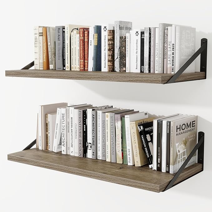 Deep Wall Shelves 30"W x 12"D Engineered Wood Floating Shelves for Wall, Sturdy Metal Bracket Bookshelves Home Decor Storage for Living Room Bedroom Bathroom Kitchen, Set of 2, Grey Finish