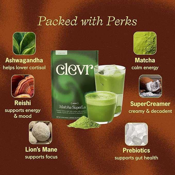 Clevr Organic Matcha Green Tea Latte, Instant Ceremonial Grade, Superfood Powder Blend with Oat Milk, Lions Mane, Reishi Mushroom, Coconut Cream, Ashwagandha, Serve Hot or Iced, (14 Lattes)