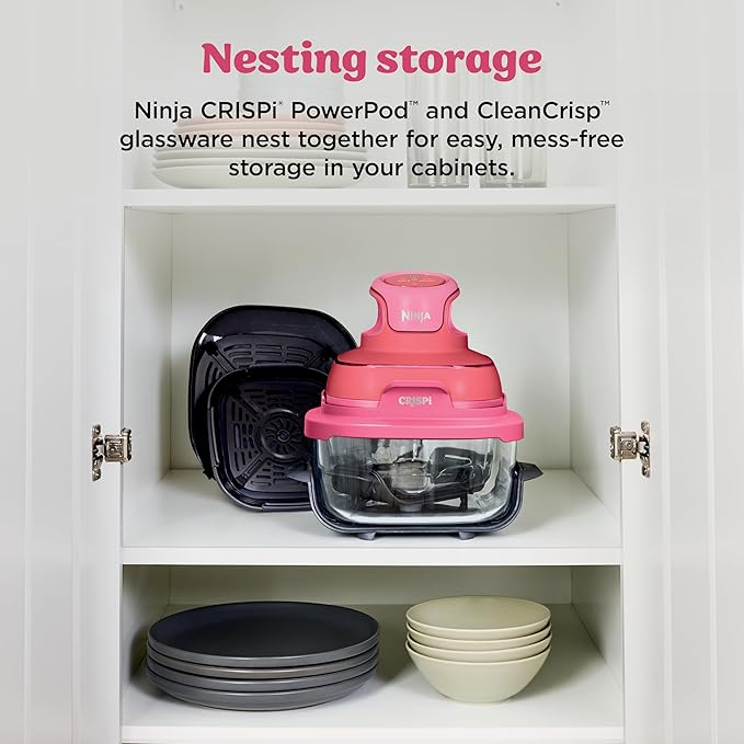 Ninja | Air Fryer | Crispi 4-in-1 Portable Cooking System | 4QT & 6 Cup Glass Containers, Crisper Plates & Storage Lids Included | Microwave, Freezer & Dishwasher Safe | Cherry Crush | FN101DR