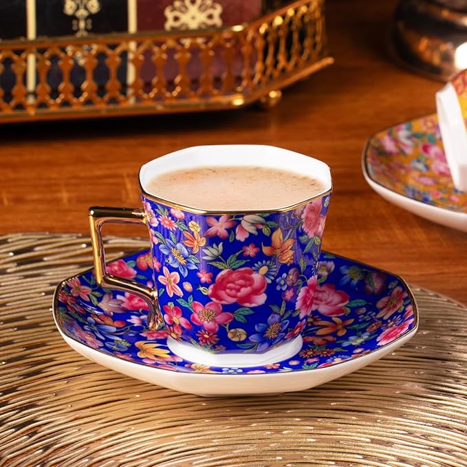 KAMMAK Tea Cups and Saucers Set of 2, Porcelain Coffee Cup with Saucer for Espresso, Cappuccino, 4.5oz Vintage Yellow and Blue Ceramic Demitasse Mug for Home, Tea Party, Office